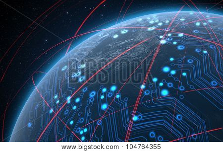 Planet With Illuminated Network And Light Trails