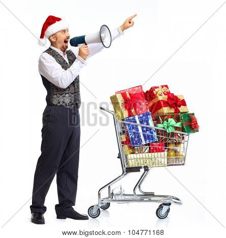 Santa man talking in megaphone isolated on white background.