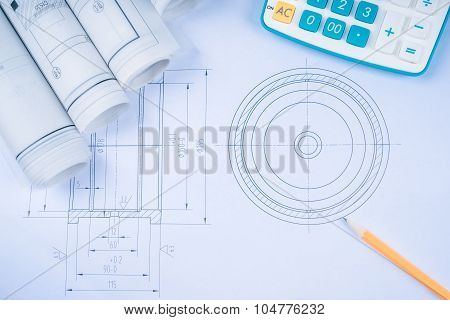 Construction Drawings Slide Caliper Roller Bearings On Blueprint Architecture And Building Concept.