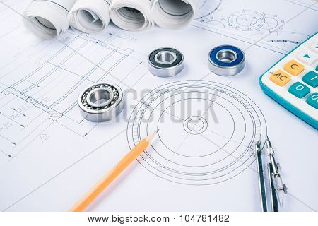 Construction Drawings Slide Caliper Roller Bearings On Blueprint Architecture And Building Concept.