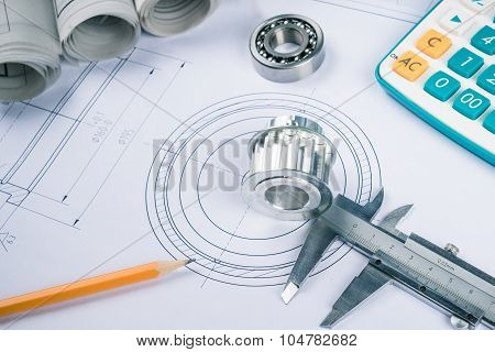 Construction Drawings Slide Caliper Roller Bearings On Blueprint Architecture And Building Concept.