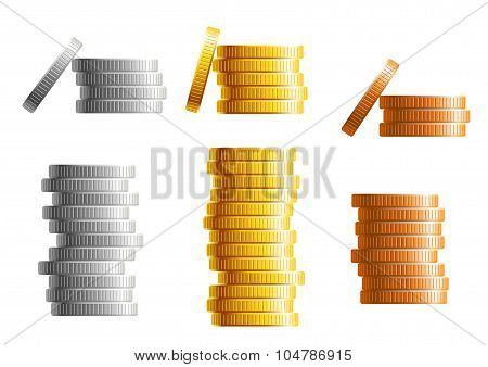Stacks of gold, silver and bronze coins