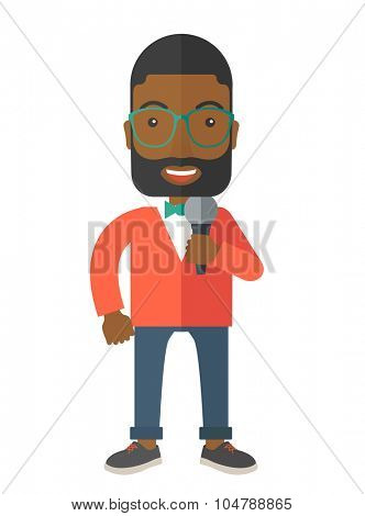 An african-american reporter with berad and glasses speaking into a microphone vector flat design illustration isolated on white background. Vertical layout.