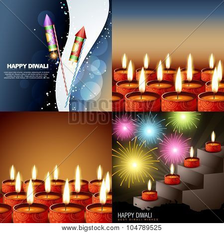 vector set of diwalli background with beautiful diya and crackers illustration