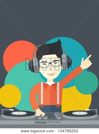 An Asian DJ wearing headphones and glasses with hand up playing vinyl vector flat design illustration. Vertical layout with a text space.