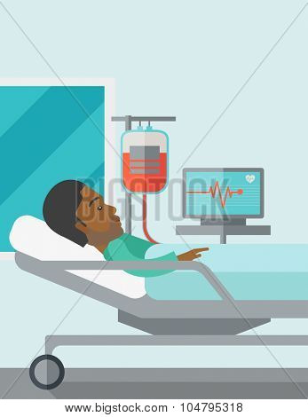 An african-american patient lying in hospital bed with heart rate monitor and drop counetr vector flat design illustration. Vertical poster layout with a text space.