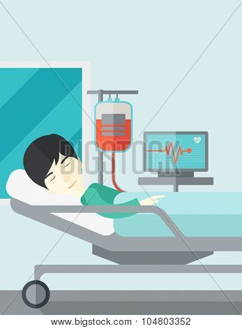 An Asian patient lying in hospital bed with heart rate monitor and drop counter vector flat design illustration. Vertical layout with a text space.