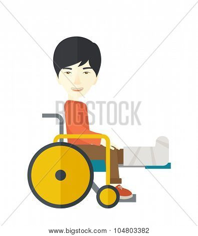 An Asian man with broken leg siting in the wheelchair vector flat design illustration isolated on white background. Vertical layout.