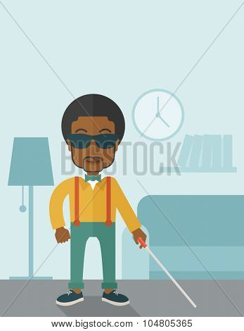 An African American blind man in dark glasses standing with walking stick inside the house vector flat design illustration. Vertical poster layout with a text space.