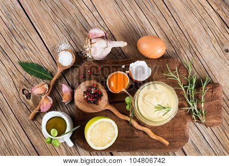 Mayonnaise And Ingredients, View From Above