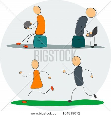 Man And Women With Gadgets And Running
