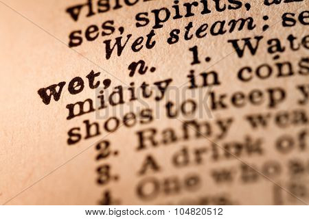 Close-up Of An Opened Dictionary Showing The Word Wet
