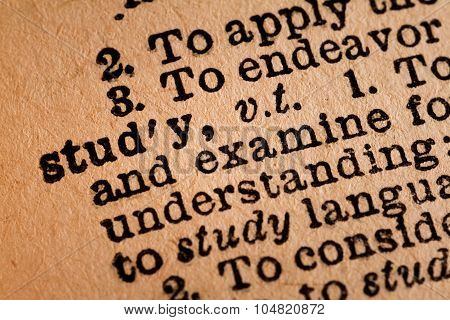 Close-up Of An Opened Dictionary Showing The Word Study