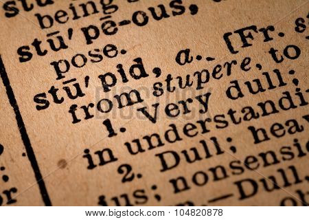 Close-up Of An Opened Dictionary Showing The Word Stupid