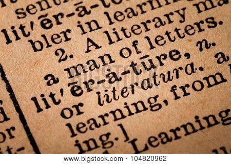Close-up Of An Opened Dictionary Showing The Word Literature