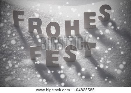 White Text Frohes Fest Means Merry Christmas On Snow, Snowflakes