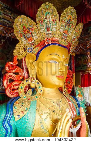 Upper part of the Giant statue of Maitreya Buddha (the largest such statue in Ladakh covering two stories of the building) in the Thikse Monastery near Leh (Ladakh Jammu and Kashmir north India)