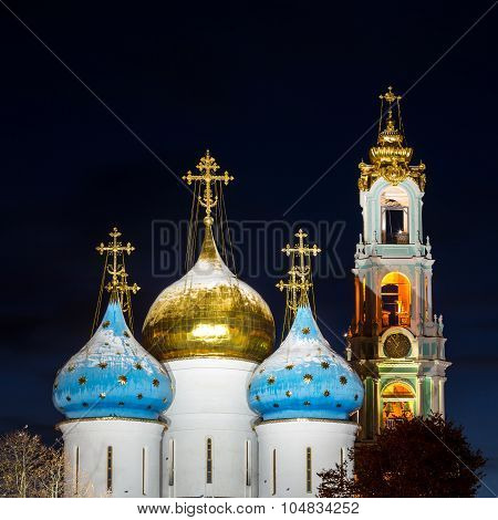 Panorama of the Assumption Cathedral and the bell tower of the Trinity Lavra of St. Sergius