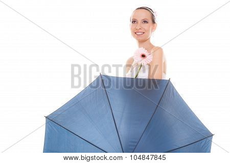 Happy Bride Woman Holding Umbrella And Flower.