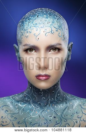 Bald Girl With Colorful Make-up Art.