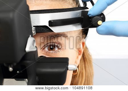 Binocular ophthalmoscope, an eye examination at an ophthalmologist