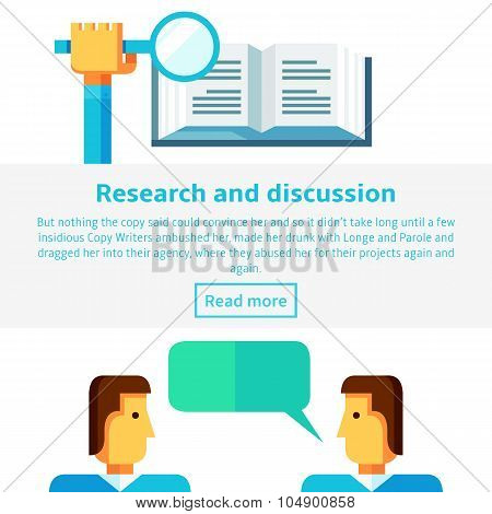 Research And Discussion Concept Vector Illustration In Flat Infographic Style.