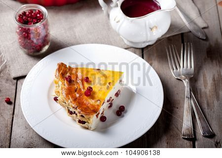 Cottage cheese pudding with  cranberry sauce