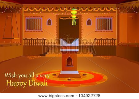Indian house decorated with diya in Diwali night