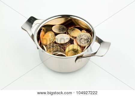 a cooking pot, to hÃ?ÃÂ¤fte filled with euro coins photo icon for sovereign debt and financial requirements