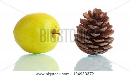 Golden Apple And Big Cone On Glass Surface Isolated