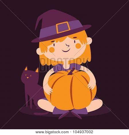 Witch Girl Holding A Pumpkin Next To Her Cat