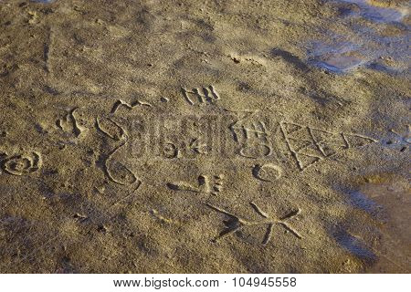 Drawings Scratched On The Stone Of Lava, On The Shore Of The Ocean
