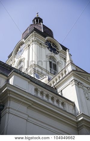 Protestant church clock tower in Morges, Switzerland