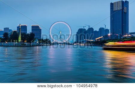 Beautiful Night View Of The Haihe River In Tianjin , China
