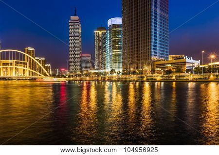 Beautiful Night View Of The Haihe River In Tianjin , China