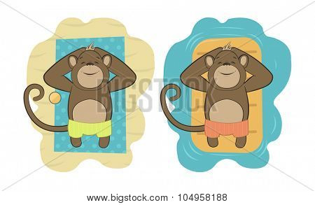 Vector set of monkeys relaxing on the beach, New Year 2016 symbol in Oriental zodiac 