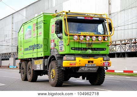 MOSCOW, RUSSIA - JULY 7: Michel Boucou's Renault Kerax No. 321 of BMG Boucou Team takes part at the annual Silkway Rally - Dakar series on July 7, 2012 in Moscow, Russia.