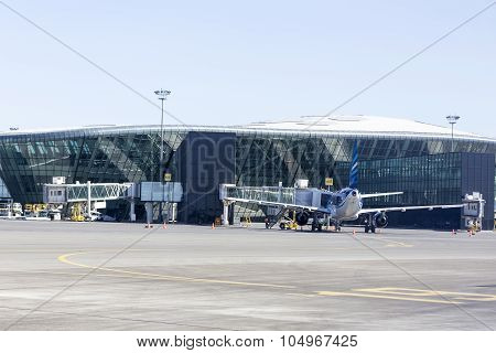 Back View Of An Airplane In The Airport In Baku, Azerbaijan.