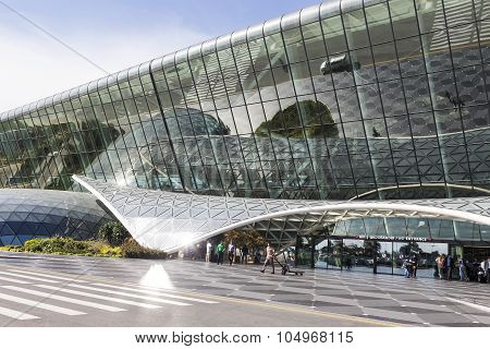 View Of Tourists Coming Out Of The Airport In Baku, Azerbaijan.