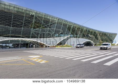 View Of Tourists Coming Out Of The Airport In Baku, Azerbaijan.