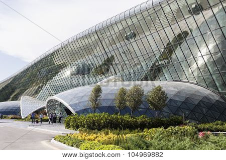 View Of Tourists Coming Out Of The Airport In Baku, Azerbaijan.