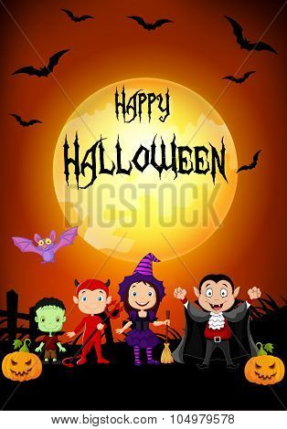 Halloween background with little kids wearing Halloween costume