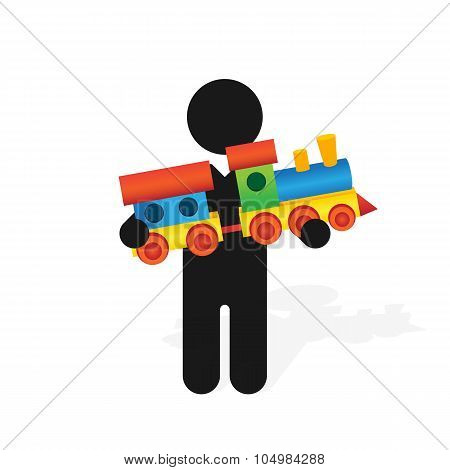 Figure Man Holds Childrens Color Toy Train With Carriages