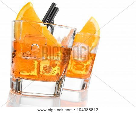 Detail Of Glasses Of Spritz Aperitif Aperol Cocktail With Orange Slices And Ice Cubes