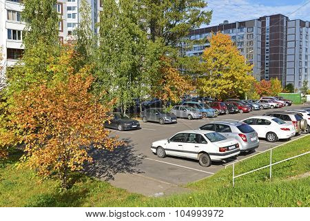 MOSCOW RUSSIA - 19.09.2015. The above-ground car park to Zelenograd in autumn