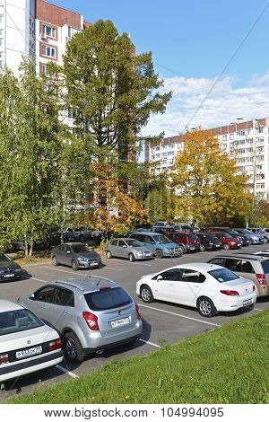 MOSCOW RUSSIA - 19.09.2015. The above-ground car park to Zelenograd in autumn