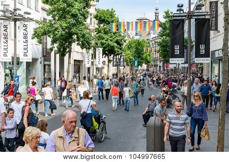 People In The Main Shopping Street Of Antwerp, Belgium