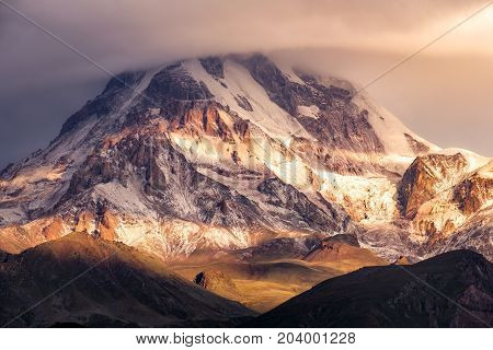 Detail Landscape View Of Mt Kazbeg At Sunrise, Georgia
