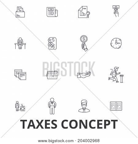 Taxes, accounting, money, forms, taxation, accountant, calculator, finance line icons. Editable strokes. Flat design vector illustration symbol concept. Linear signs isolated on white background