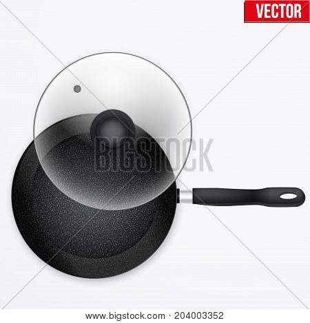 Classic Metal black stone pan with opened glass lid and handle. Top view and round shape. Kitchen and domestic symbol. Vector Illustration isolated on background.